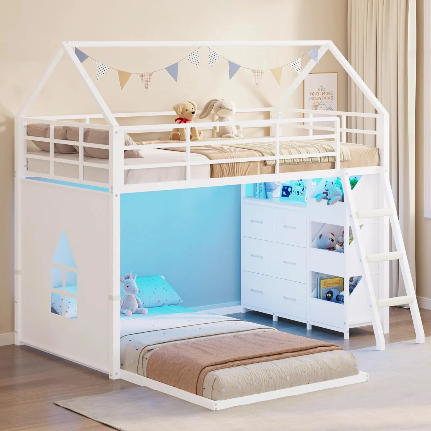 Twin Bunk Bed with Storage Drawers & Shelves, white