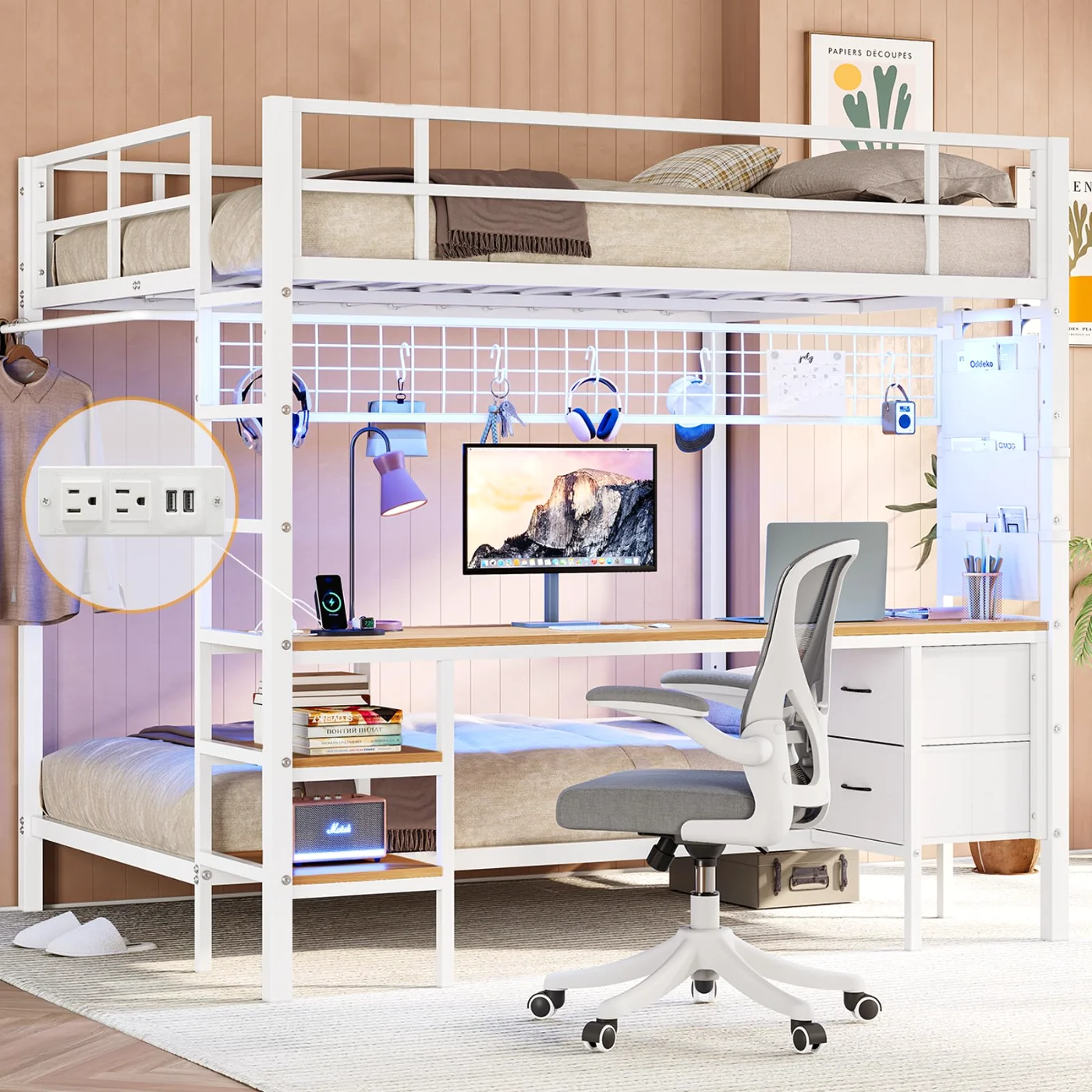 Twin Bunk Bed with Desk Led Lights Charging Station, white