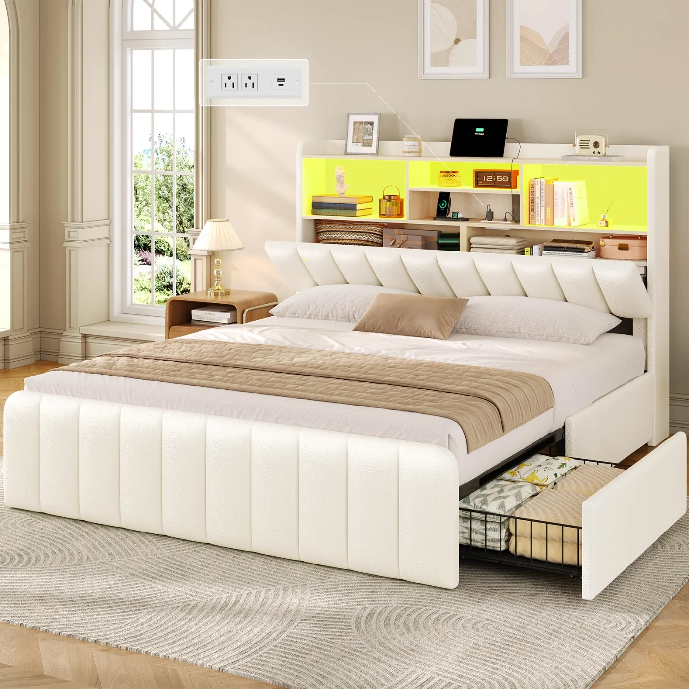 Full Bed Frame with Bookcase Headboard, White, white