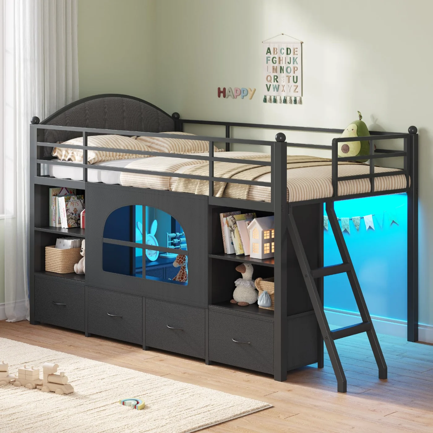 Twin Loft Bed with Drawers, Black, black