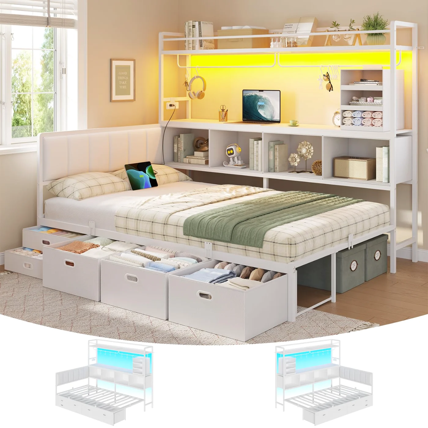 Twin Corner Bed with Storage Bookshelf Storage Drawers, white
