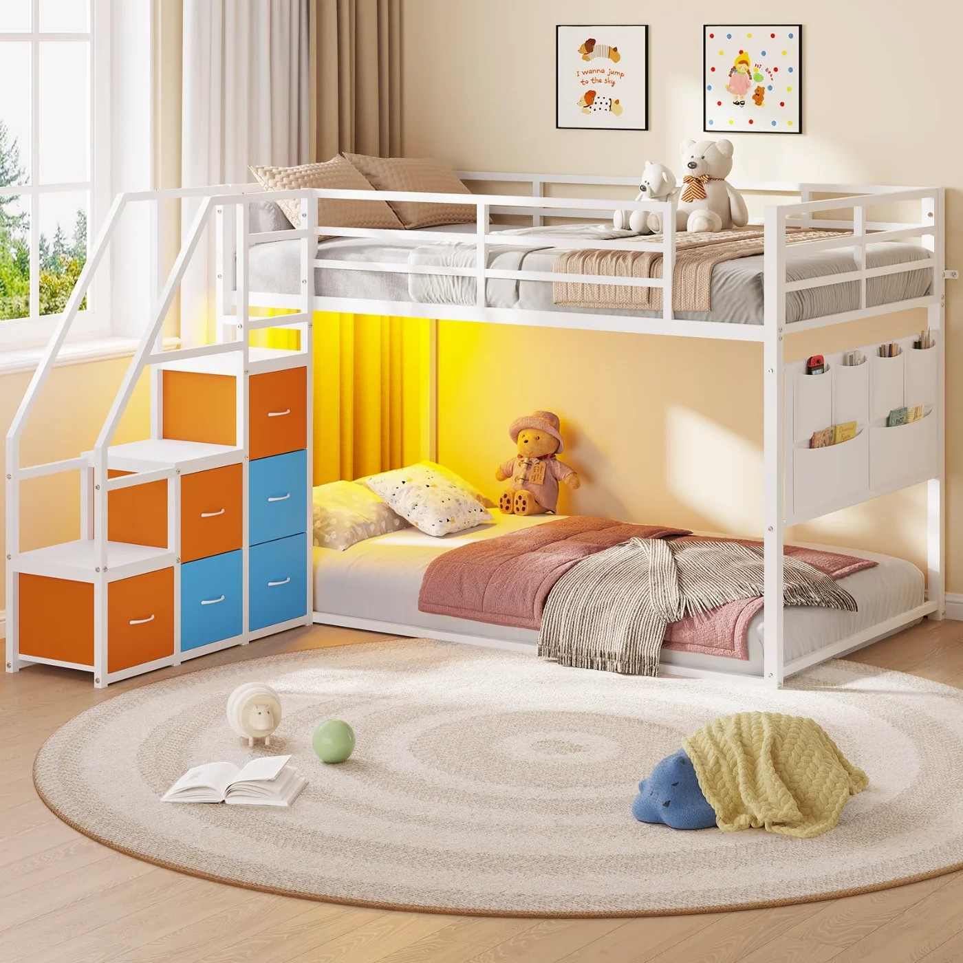 Twin Bunk Bed with Storage Staircase Led Lights Low, white