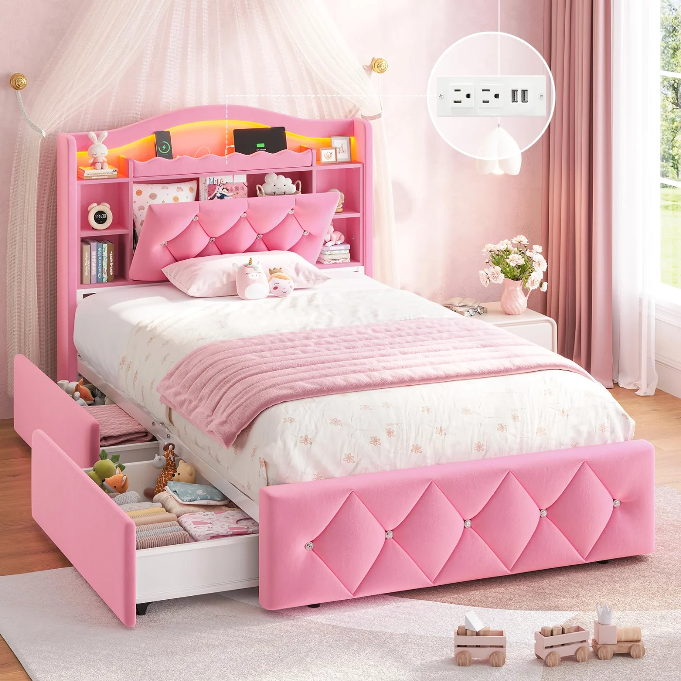 Twin Bed Frame with Storage Drawers, Pink, pink
