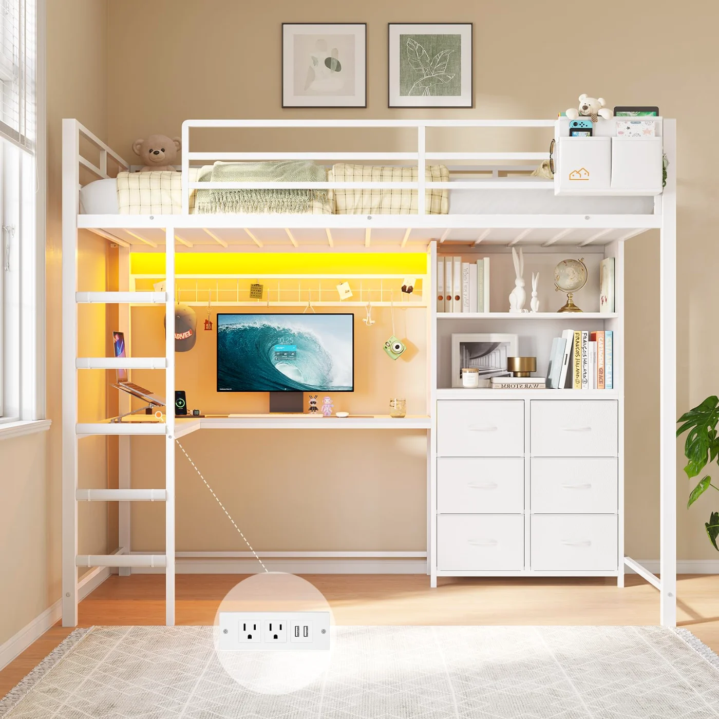 Twin Loft Bed with L Shaped Desk, white