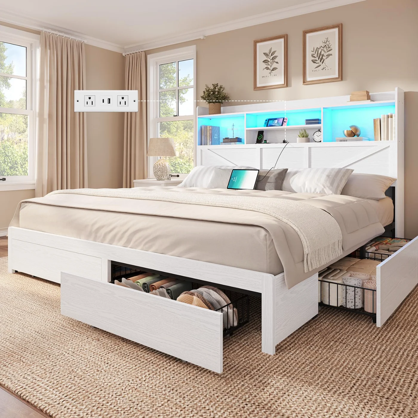Cal King Bed Frame with Storage Drawers, White, white