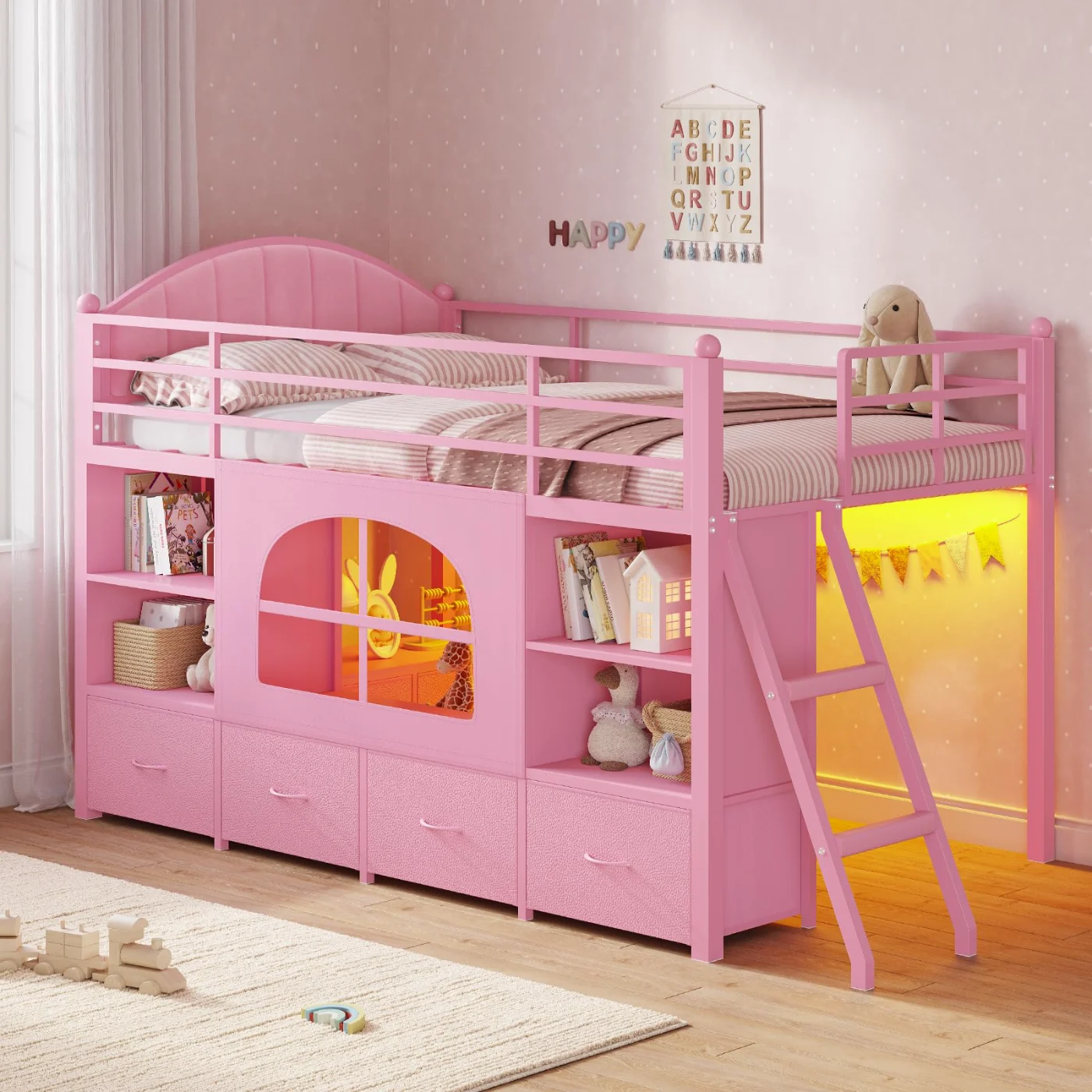 Twin Loft Bed with Drawers, Pink, pink