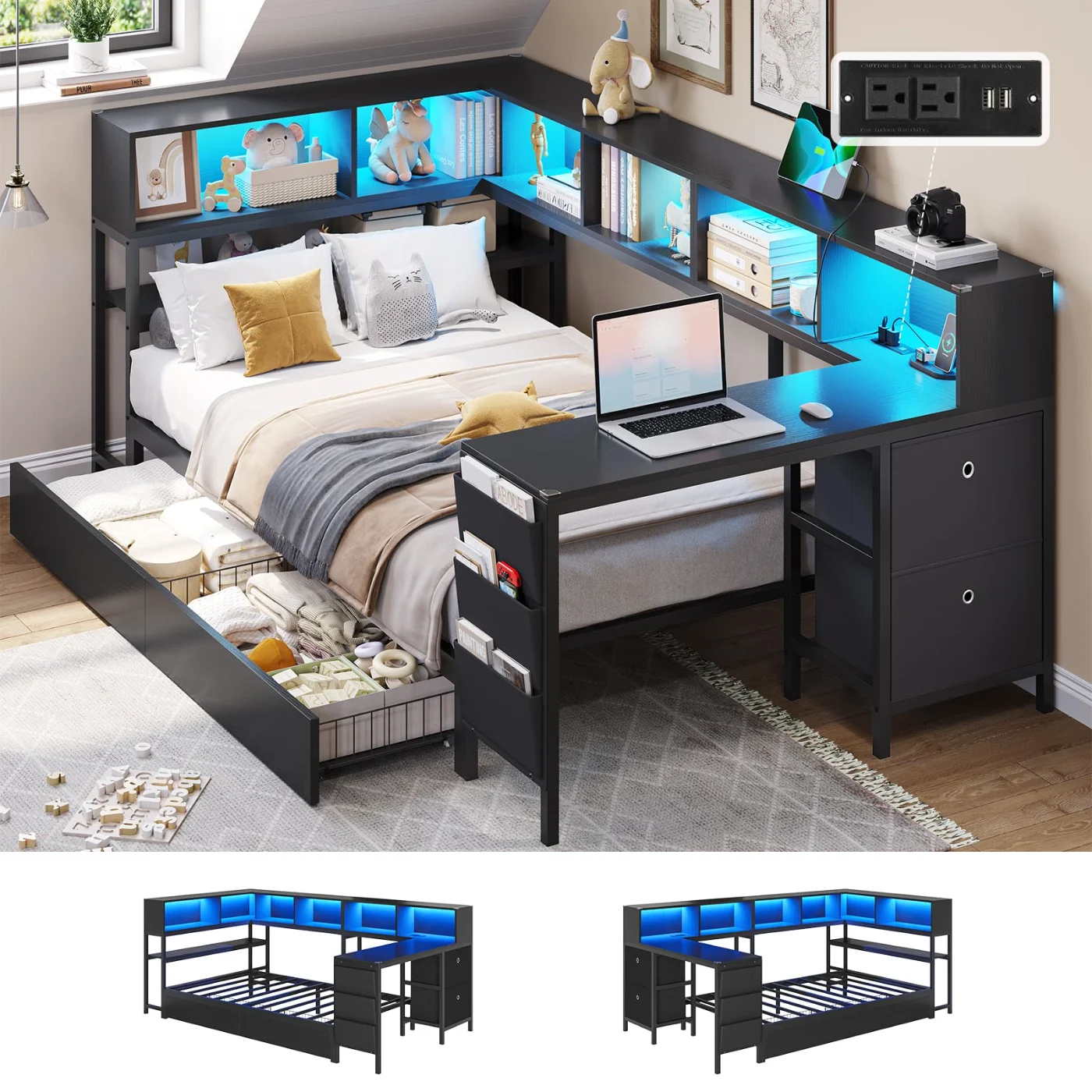 Full Corner Bed with Storage Drawers, Black, black