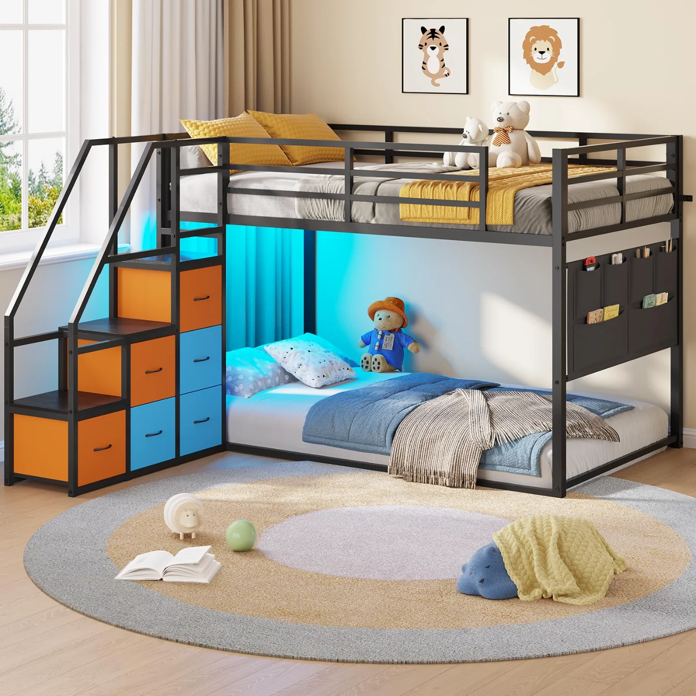 Twin Bunk Bed with Storage Staircase Led, Black, black