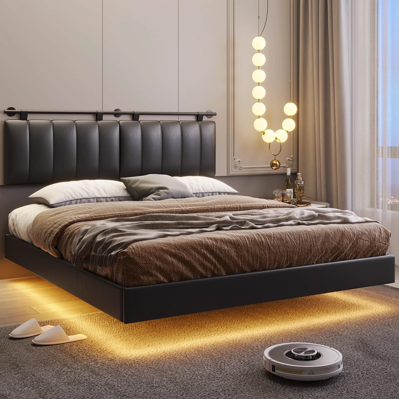 Full Bed Frame with Led Lights Wall Mounted Headboard, black