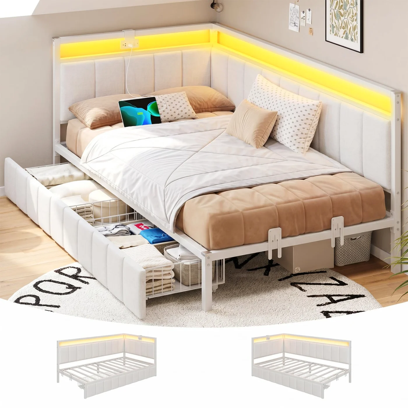 Twin Corner Bed with Storage Drawers Charging (3FYM), oak & natural