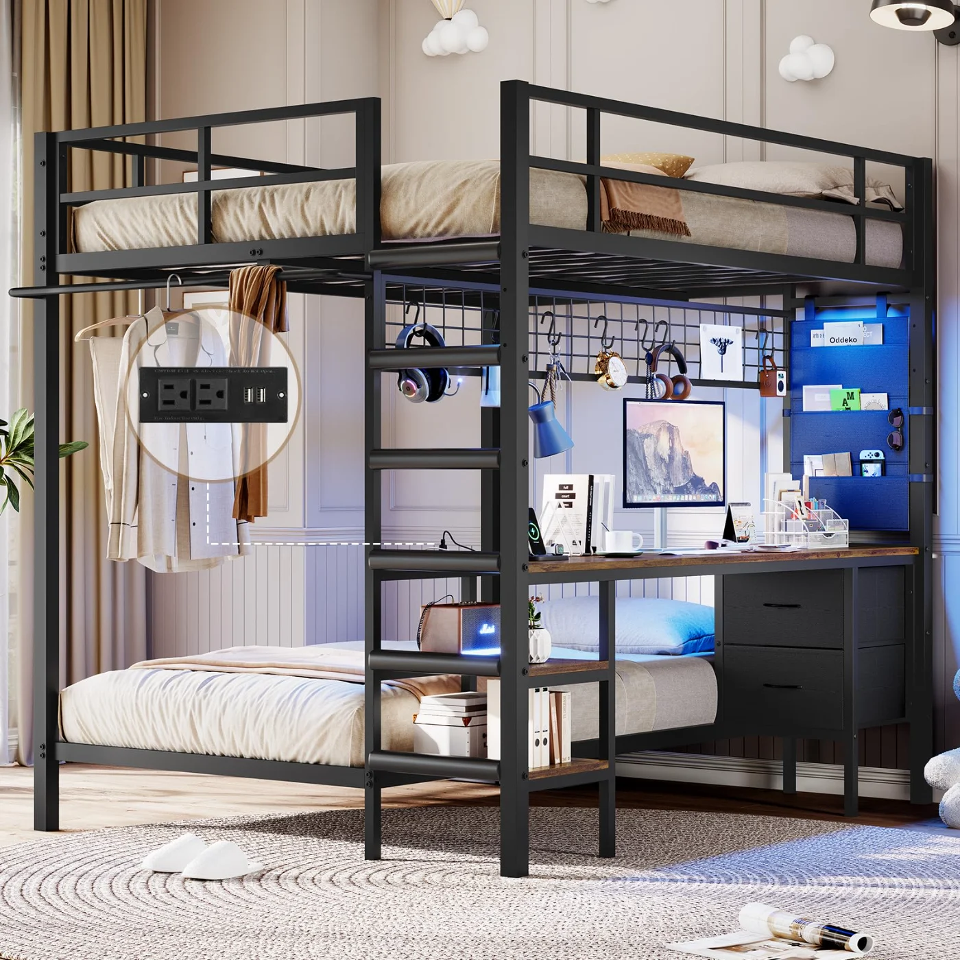 Twin Bunk Bed with Storage Drawers Charging (W4GC), black