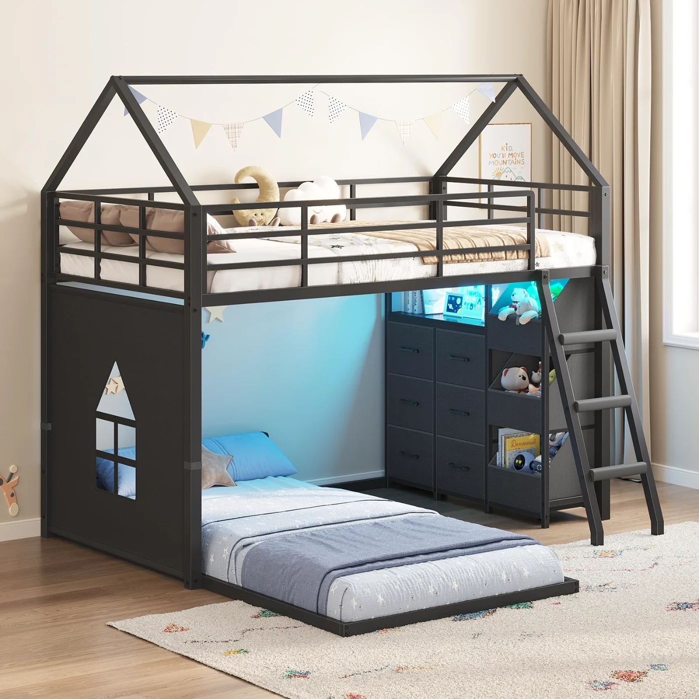 Twin Bunk Bed with Integrated Storage Shelves, black