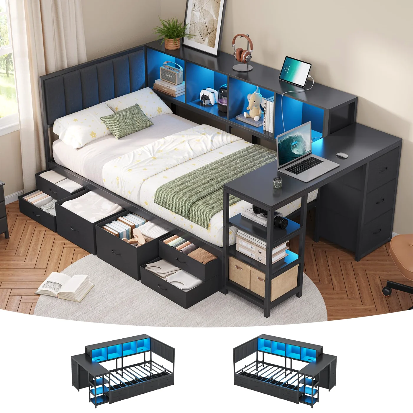Twin Corner Bed with Charging Station & Led Lights, black