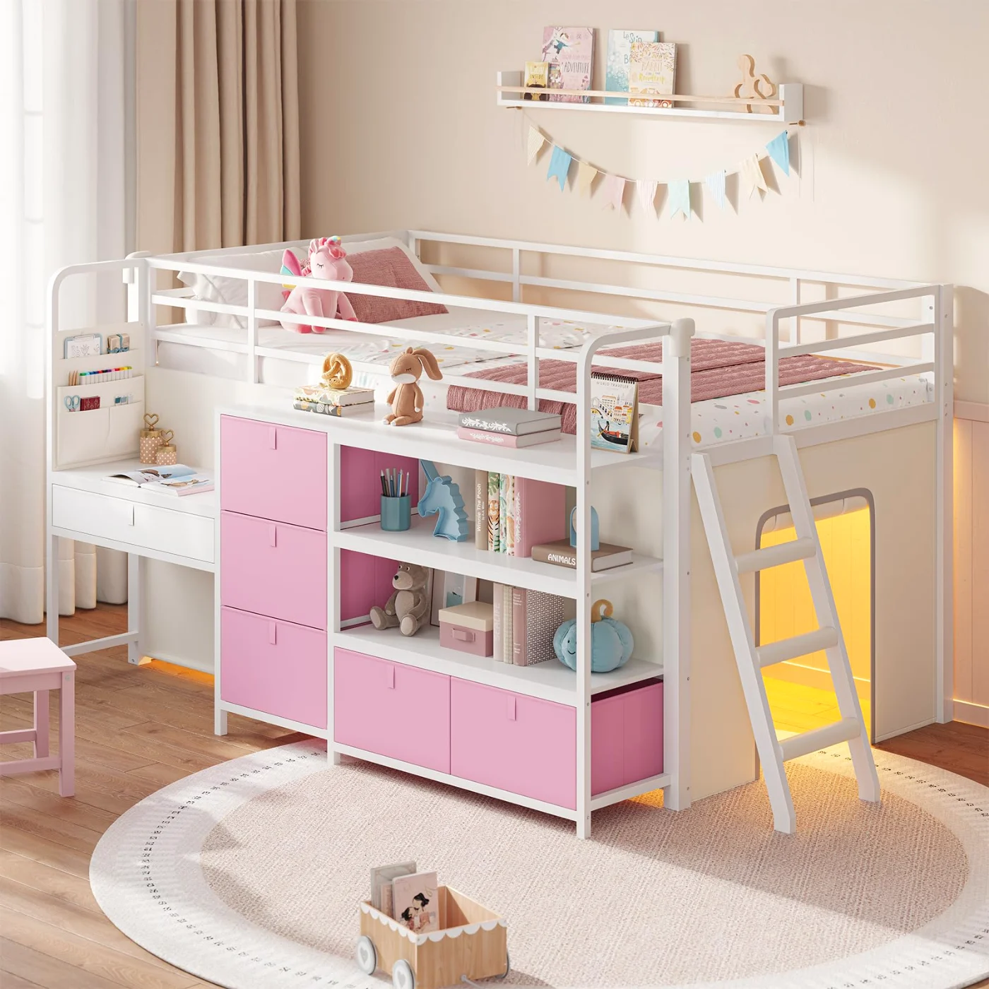 Twin Loft Bed with Desk Storage Drawers, White (THJX), white