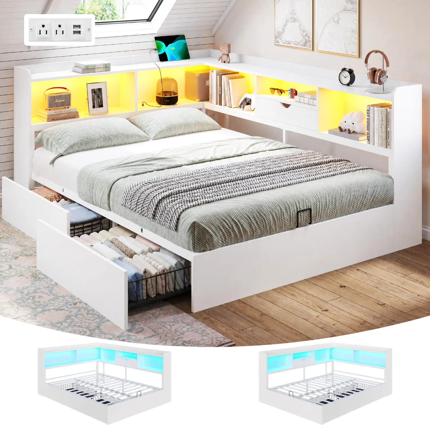 Twin Corner Bed with Storage Bookcase Headboard, white