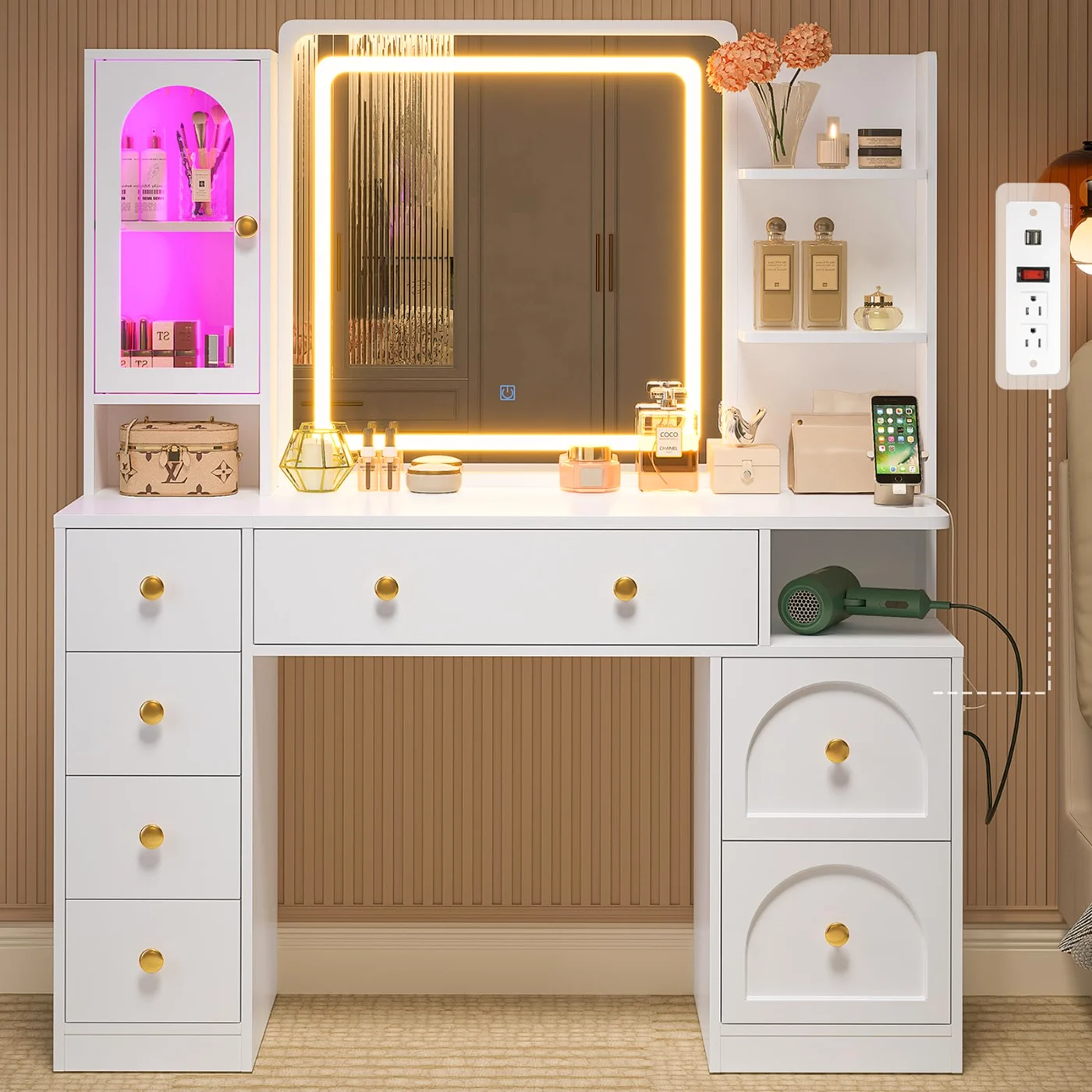White Makeup Vanity Desk With Lighted Mirror, white