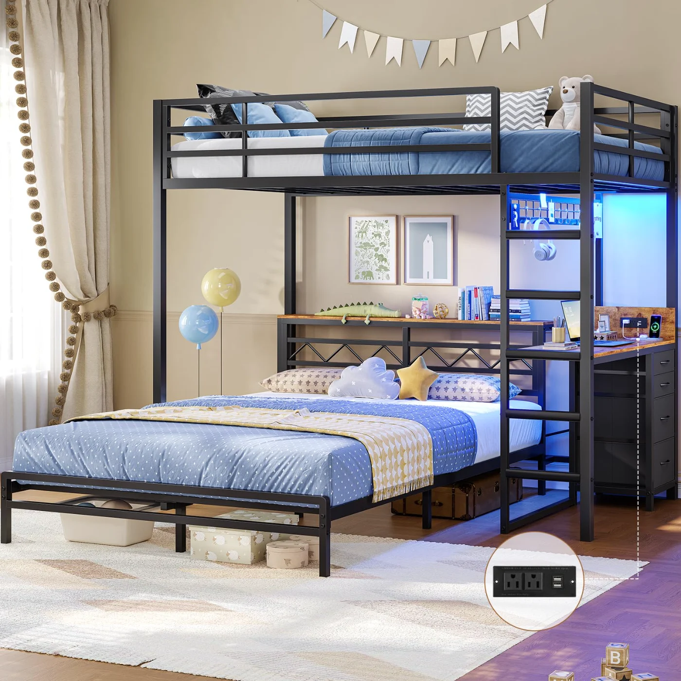 Twin Bunk Bed with Desk Charging Station, Black, black