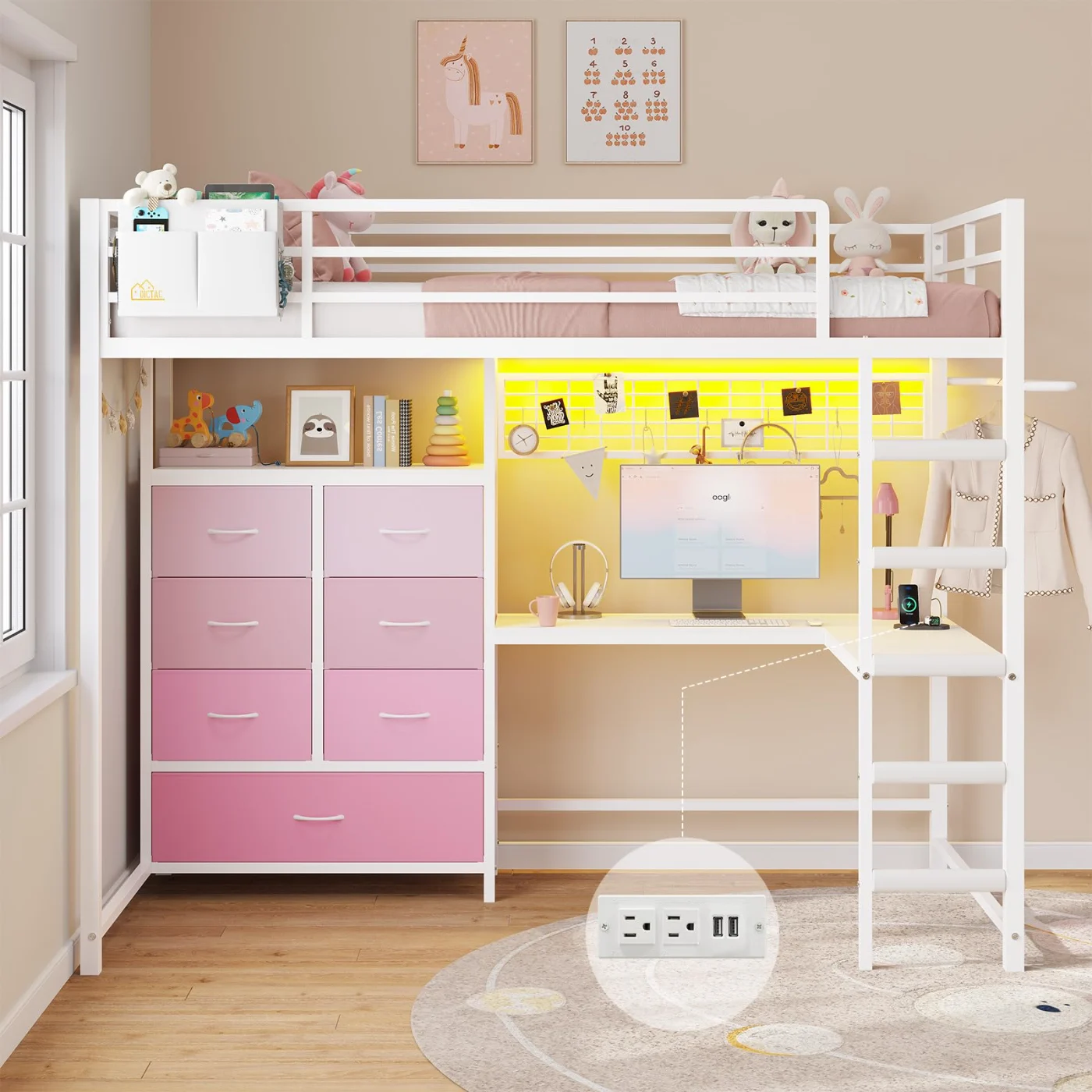 Twin Loft Bed with L-Shaped Desk Storage (LPF7), white