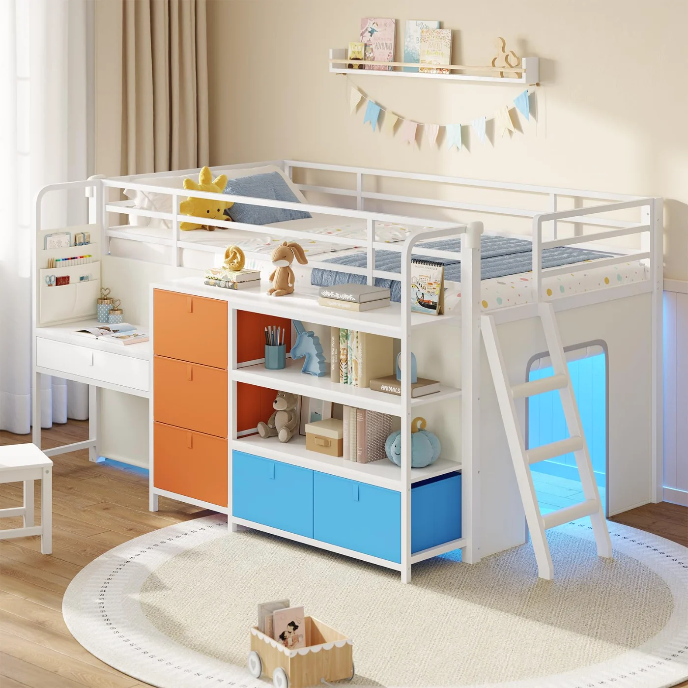 Twin Loft Bed with Desk Storage Drawers, White (1JS9), white