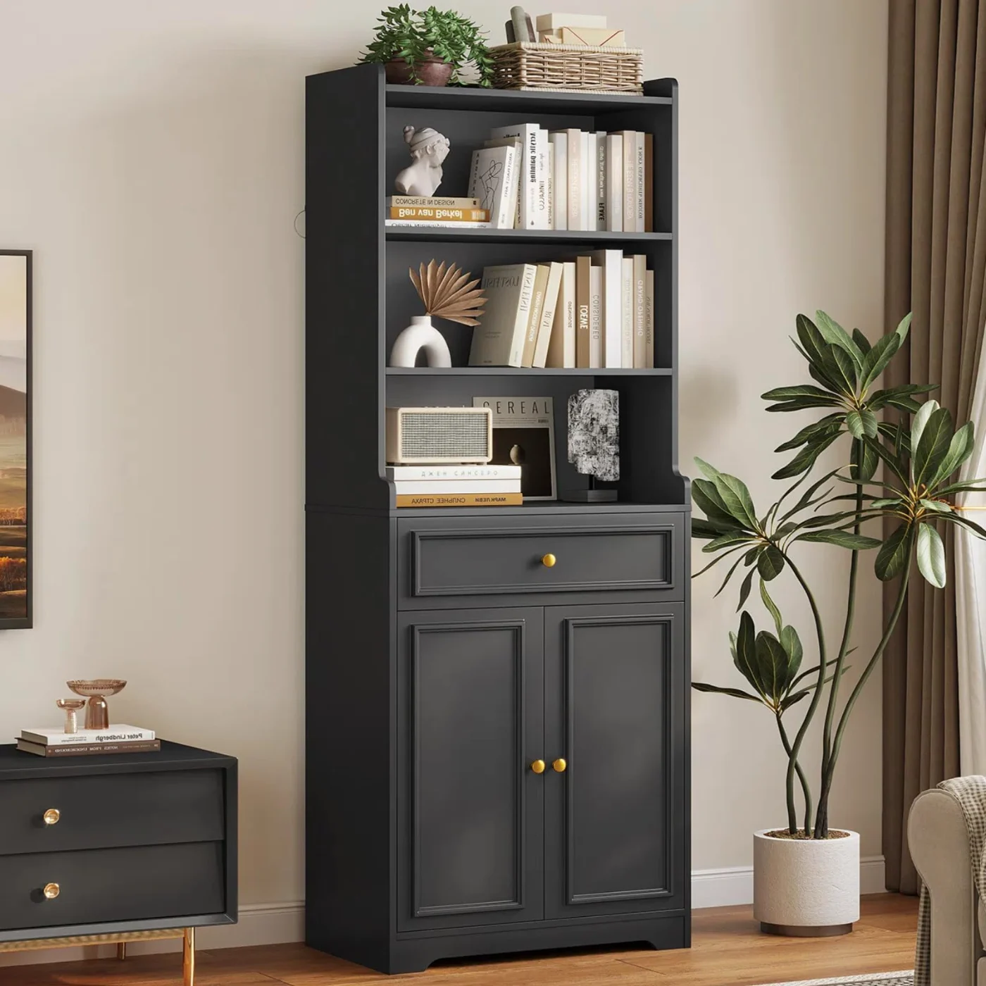 Bookcase With Drawers And Doors Tall Bookshelf, black