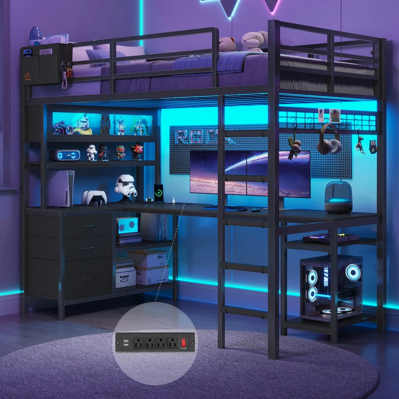 Twin Loft Bed with L-Shaped Gaming Desk, black