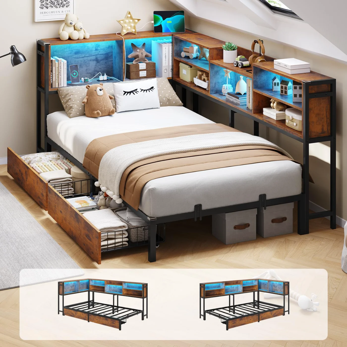 Twin Corner Bed with Bookcase Storage, Brown, brown