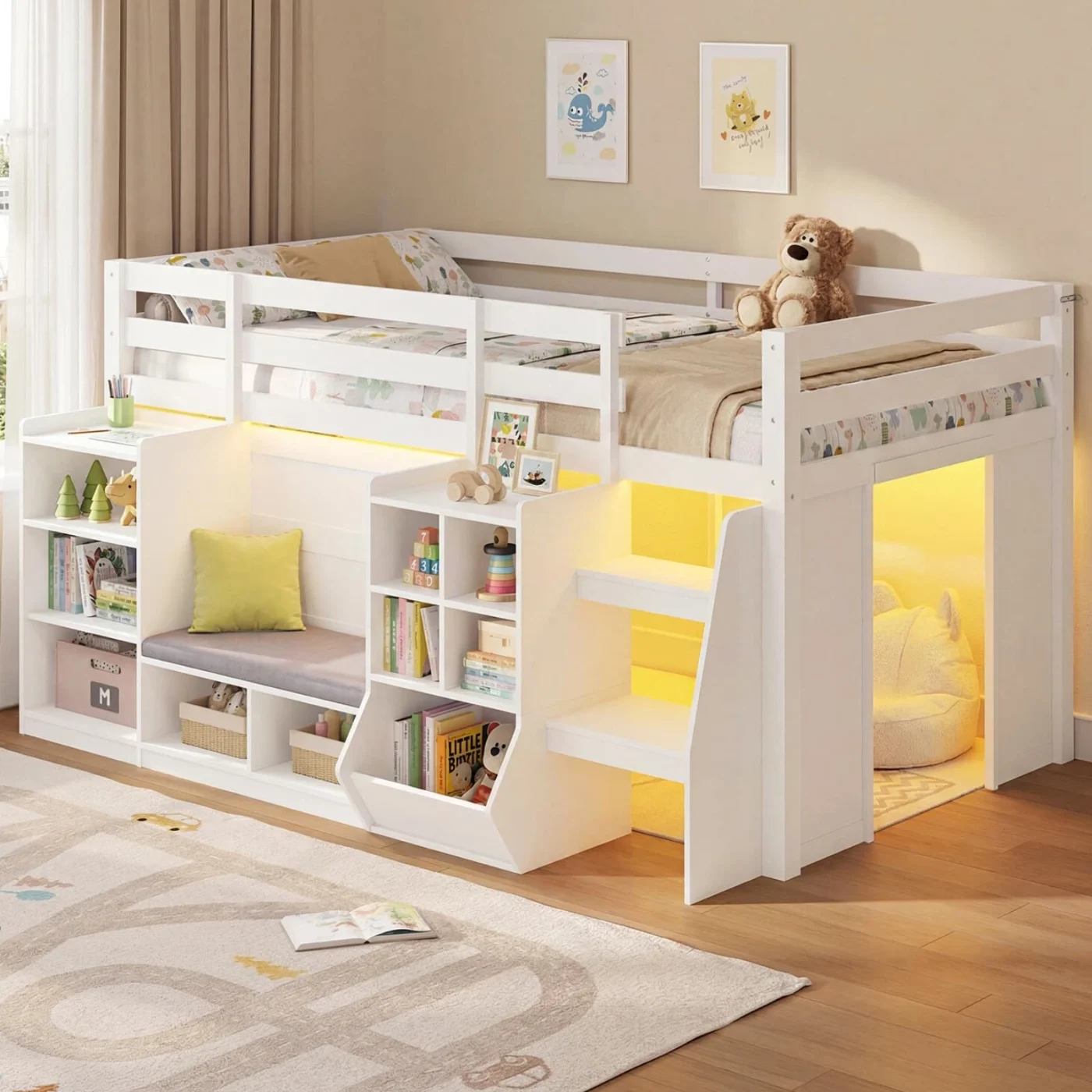 Twin Loft Bed with Storage Bookcase Under- Play Space, white