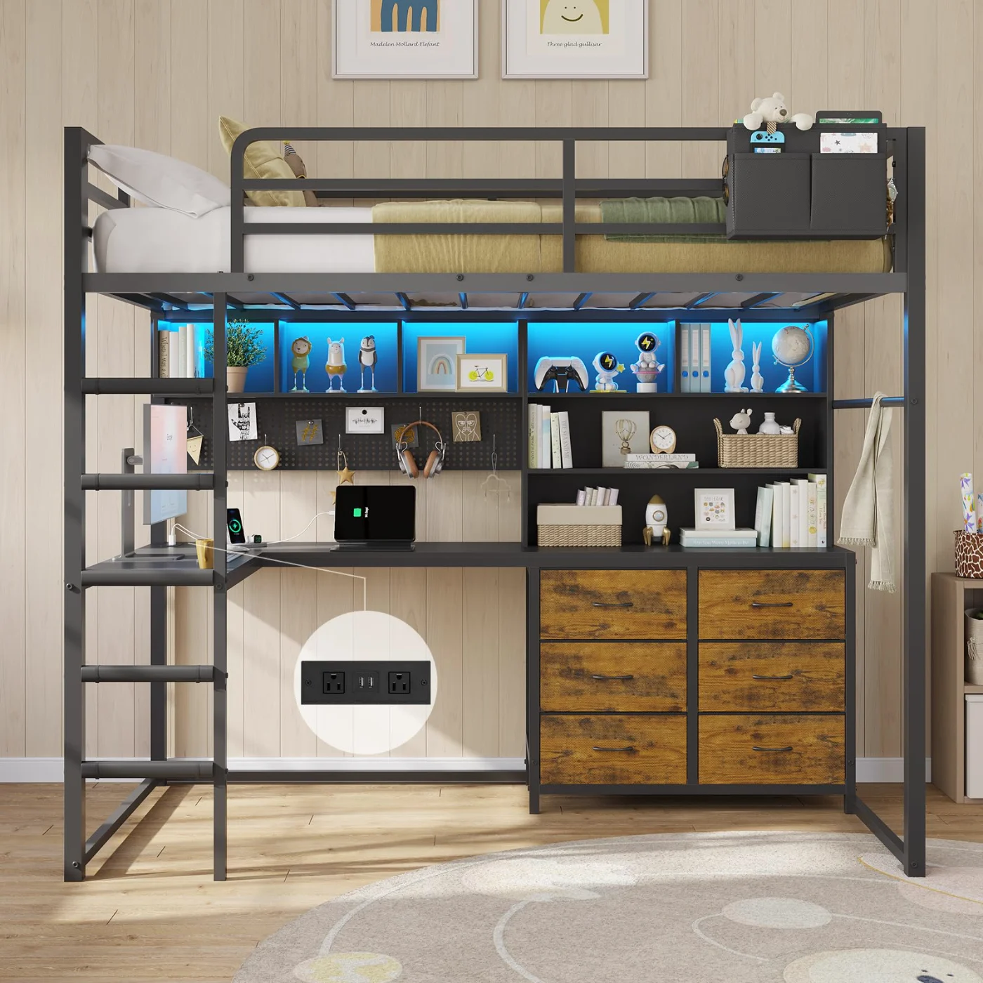 Twin Loft Bed with L-Shaped Desk, Black (JP8M), black