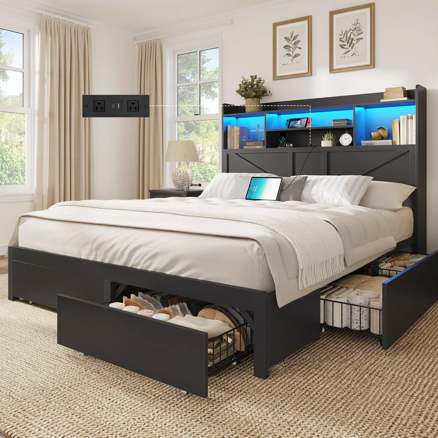 Queen Bed Frame with Storage Drawers, black