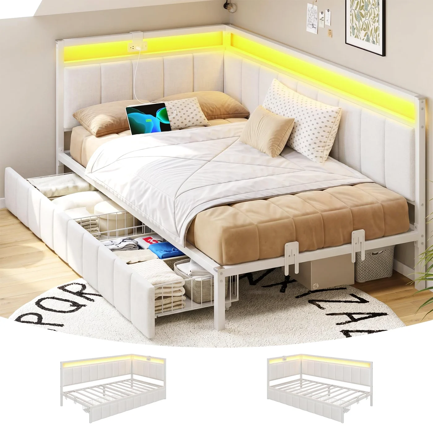 Full Corner Bed with Storage Drawers Charging (8QZ2), oak & natural
