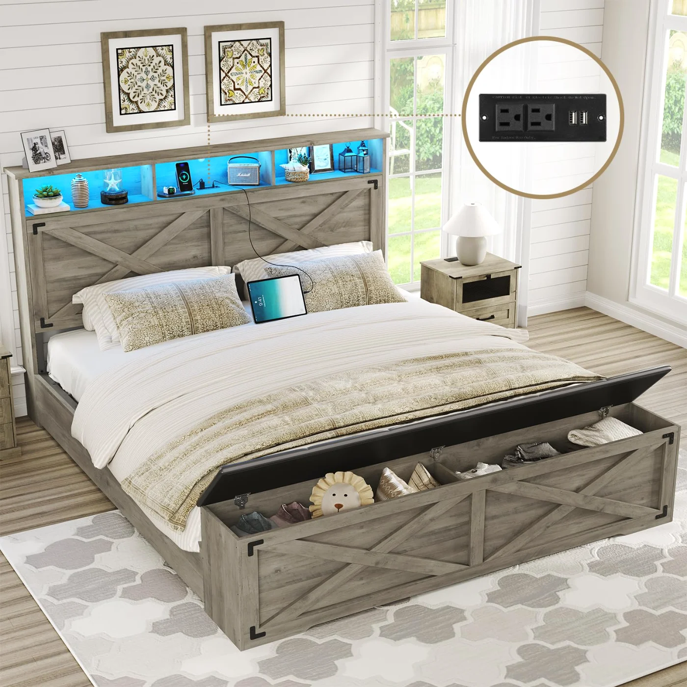 Twin Bed Frame with Storage Headboard Charging Station St, grey
