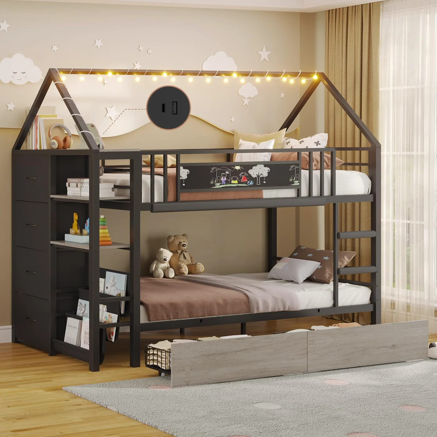 Twin Bunk Bed with Storage Drawers Globe, Black, black