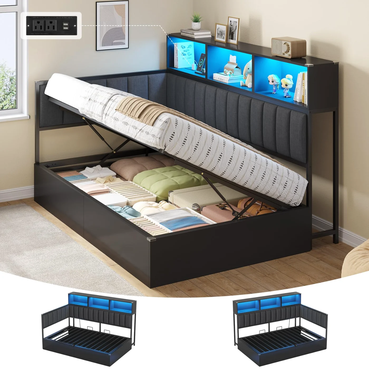 Twin Corner Bed with L-Shaped Upholstered Guardrails Side Bookcase, black