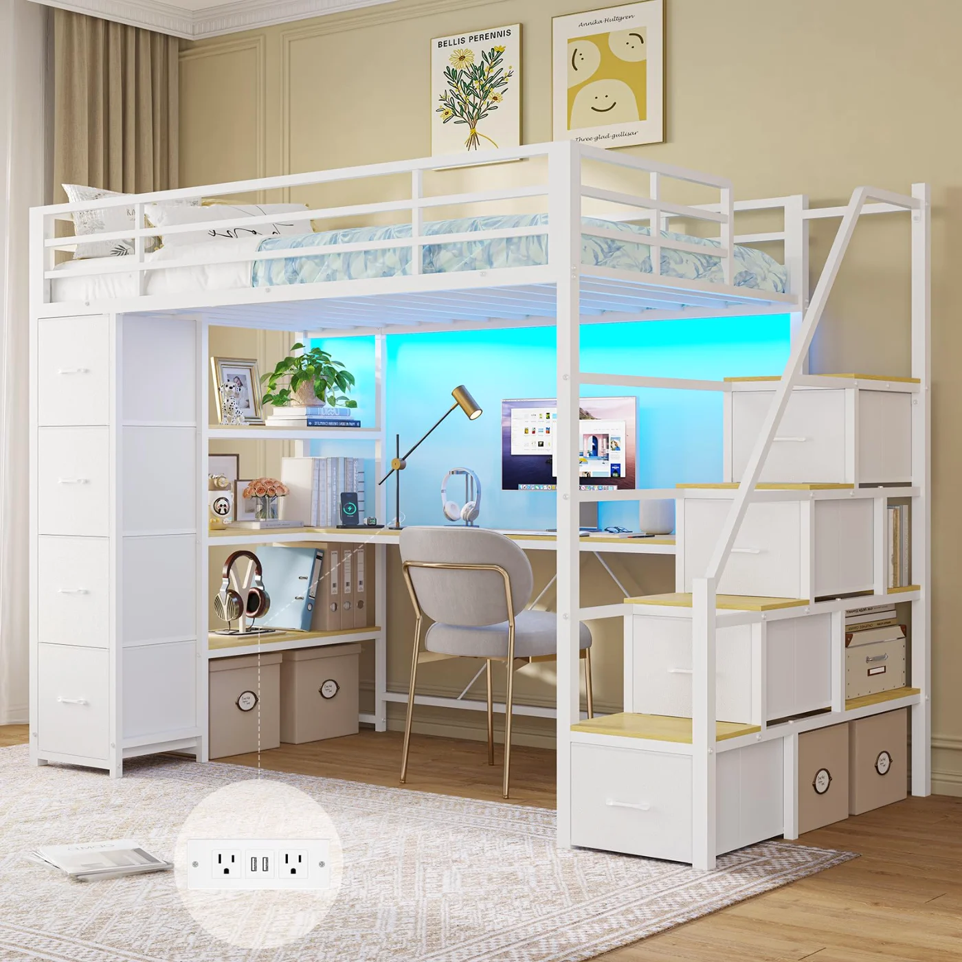 Twin Loft Bed with Storage Stairs, White (RRYV), white