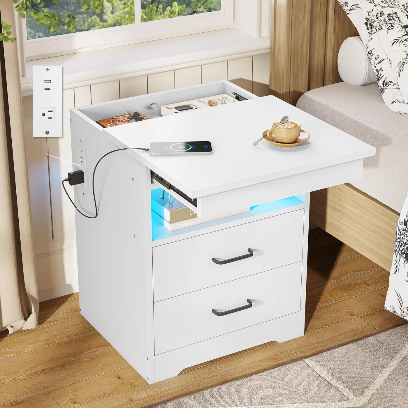 Nightstand With Charging Station And Led Lights, white