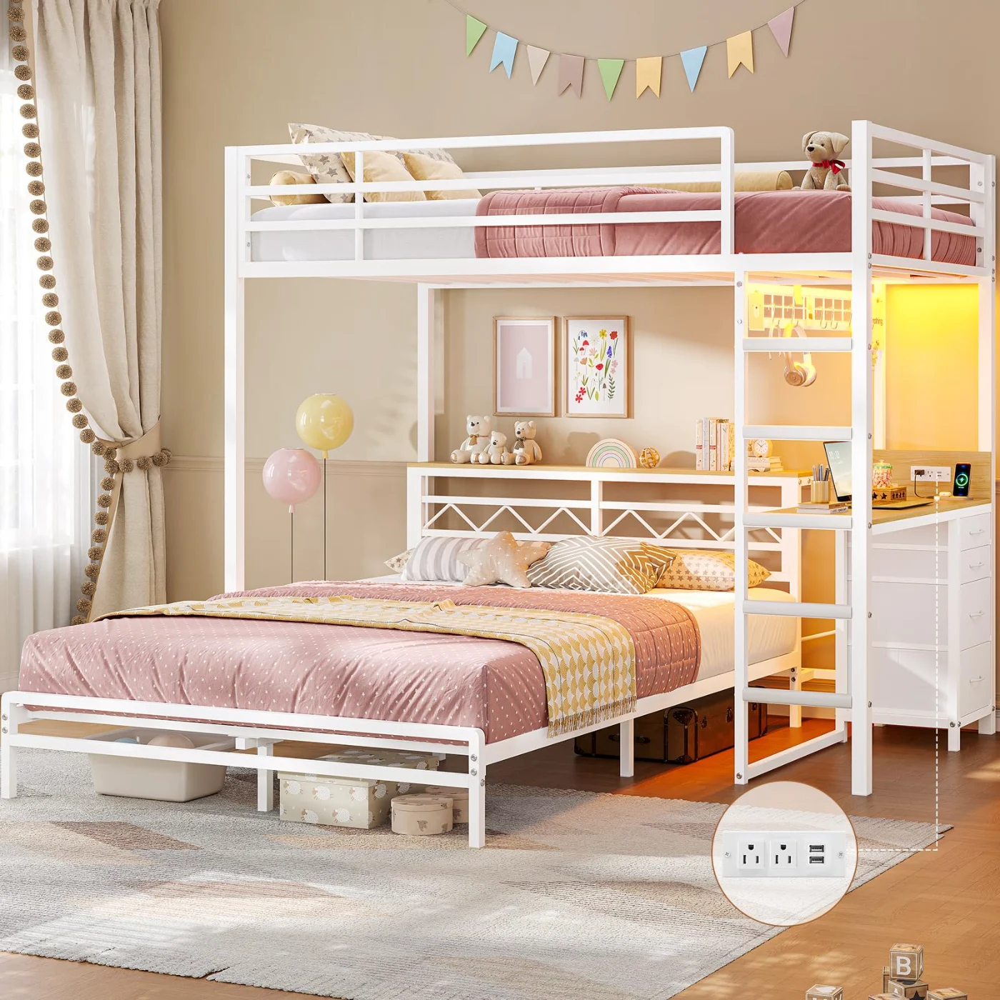 Twin Bunk Bed with Desk Charging Station, White, white